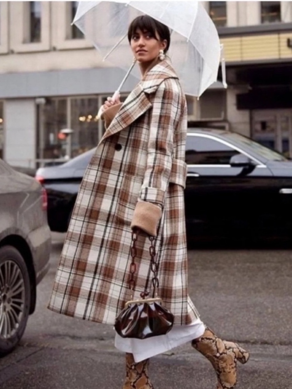 Mango MNG Long Plaid Double Breasted Check Coat Wool Blend